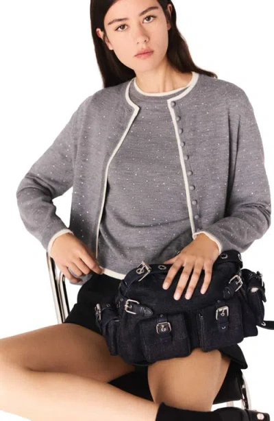 Maje Womens Grey Rhinestone-embellished Contrast-trim Stretch Wool-blend Cardigan In Gray