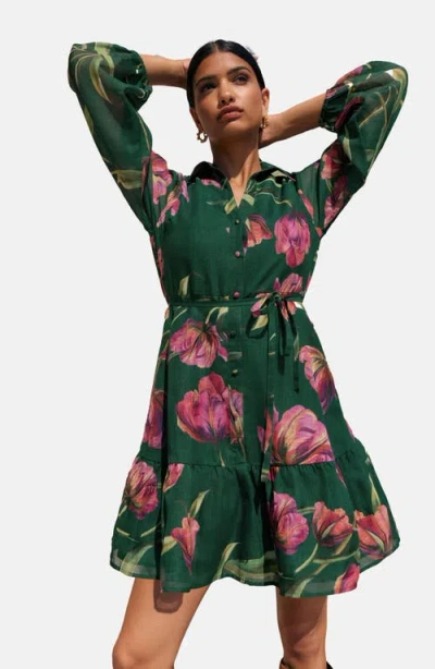 Friends Like These Floral Print Long Sleeve Shirtdress In Green