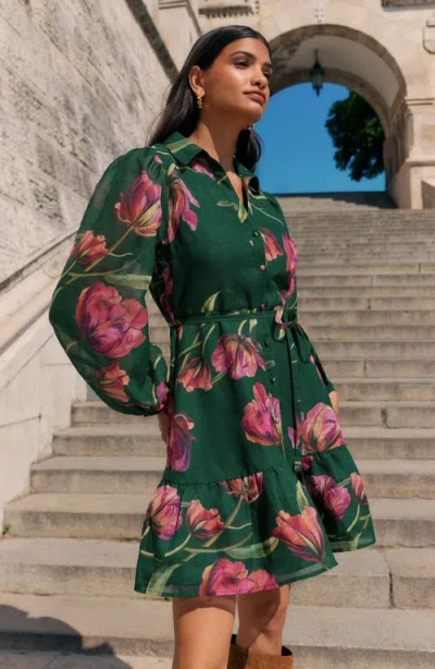 Friends Like These Floral Print Long Sleeve Shirtdress In Green