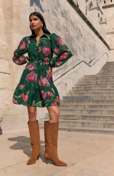 Friends Like These Floral Print Long Sleeve Shirtdress In Green