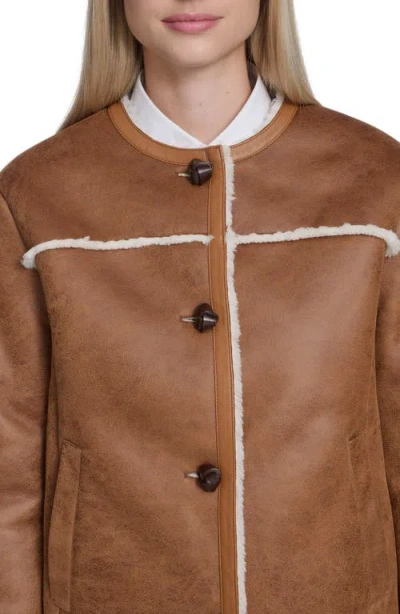 Cole Haan Water Resistant Waxed Faux Shearling Collarless Jacket In Brown