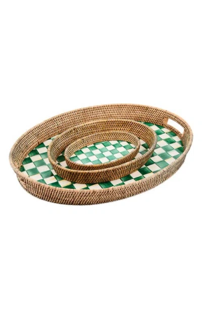 Mackenzie-childs Emerald Check Enamel And Rattan Large Tray In Green