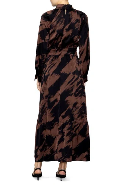 Melloday Brushstroke Print Long Sleeve Maxi Dress In Brown