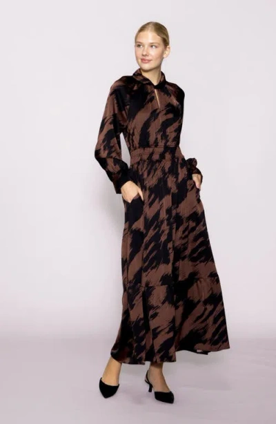 Melloday Brushstroke Print Long Sleeve Maxi Dress In Brown