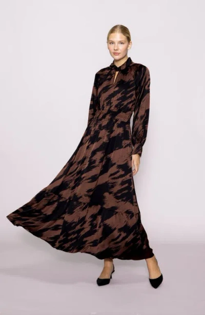 Melloday Brushstroke Print Long Sleeve Maxi Dress In Brown