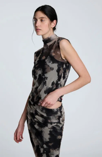 Kenneth Cole Side Rouched Printed Mesh Dress In Multi