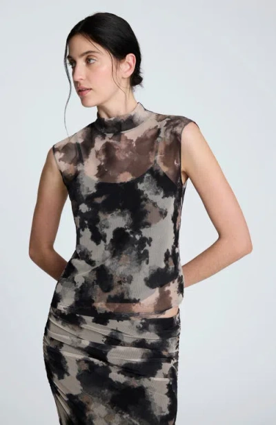 Kenneth Cole Side Rouched Printed Mesh Dress In Multi