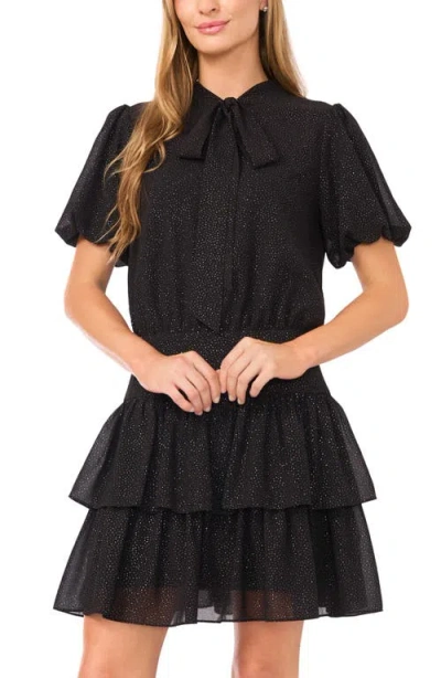 Cece Women's Puff Sleeve Tie Neck Dress In Black