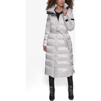 Karl Lagerfeld Paris Contrast Belted Longline Puffer Jacket In Gray
