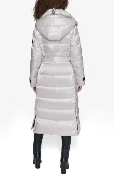 Karl Lagerfeld Paris Contrast Belted Longline Puffer Jacket In Gray