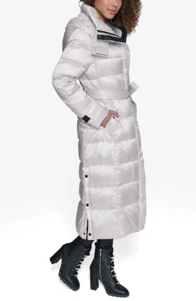 Karl Lagerfeld Paris Contrast Belted Longline Puffer Jacket In Gray