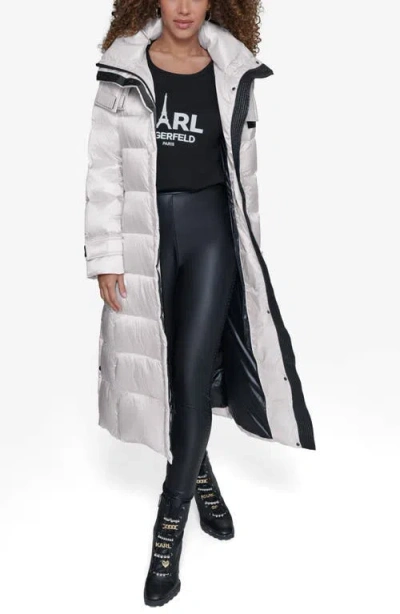 Karl Lagerfeld Paris Contrast Belted Longline Puffer Jacket In Gray