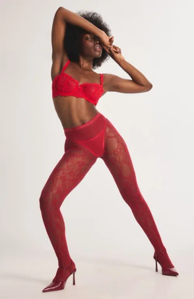 Savage X Fenty Savage X Lace Floral Sheer Tights In Red