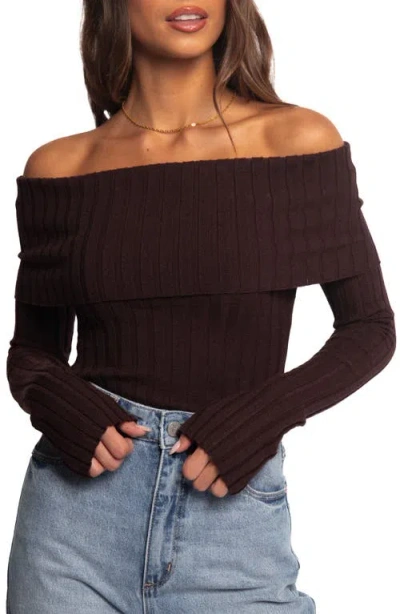 Petal And Pup Petal & Pup Inora Foldover Off The Shoulder Rib Sweater In Brown