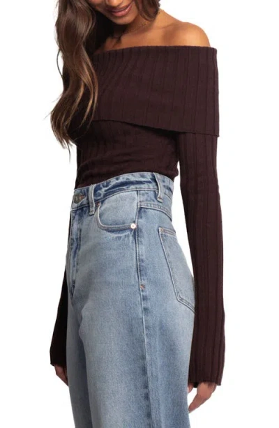 Petal And Pup Petal & Pup Inora Foldover Off The Shoulder Rib Sweater In Brown