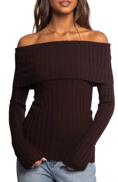 Petal And Pup Petal & Pup Inora Foldover Off The Shoulder Rib Sweater In Brown