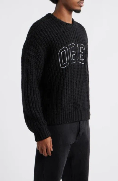 Obey Embroidered Collegiate Logo Ribbed Crewneck Sweater In Black