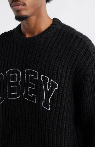 Obey Embroidered Collegiate Logo Ribbed Crewneck Sweater In Black