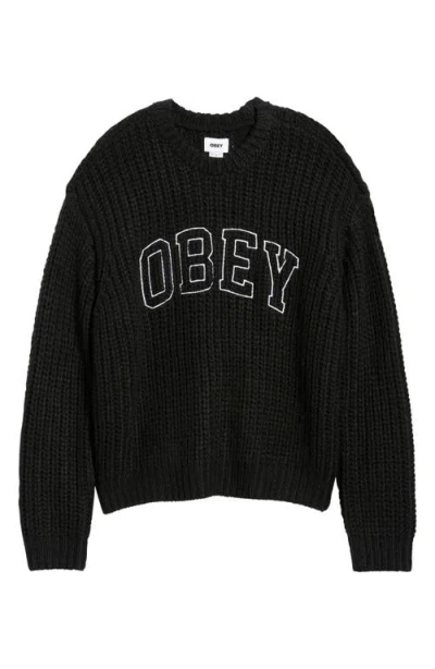 Obey Embroidered Collegiate Logo Ribbed Crewneck Sweater In Black