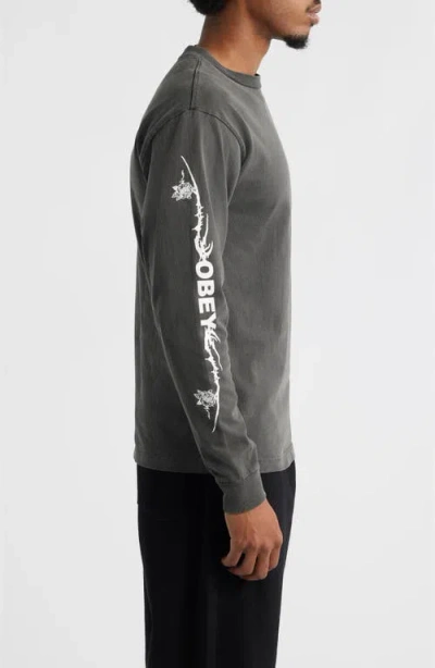 Obey Rose Long Sleeve Cotton Graphic T-shirt In Gray