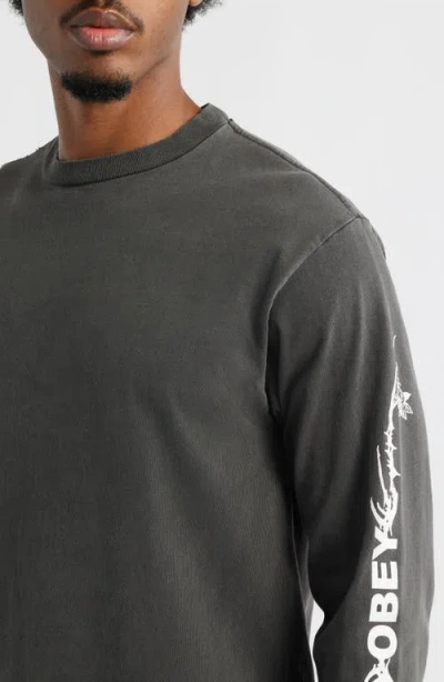 Obey Rose Long Sleeve Cotton Graphic T-shirt In Gray