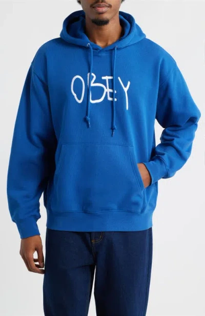 Obey Oversize Scribble Logo Fleece Hoodie In Blue
