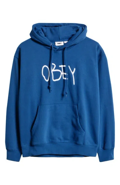 Obey Oversize Scribble Logo Fleece Hoodie In Blue