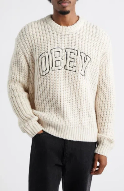 Obey Embroidered Collegiate Logo Ribbed Crewneck Sweater In Neutral