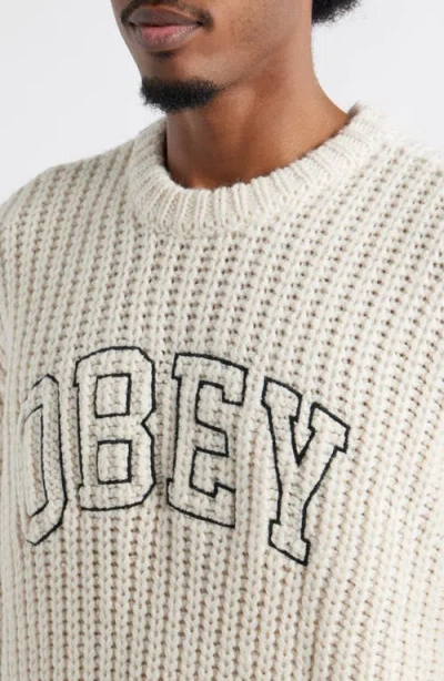 Obey Embroidered Collegiate Logo Ribbed Crewneck Sweater In Neutral