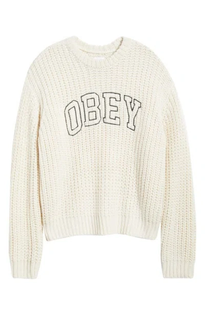 Obey Embroidered Collegiate Logo Ribbed Crewneck Sweater In Neutral