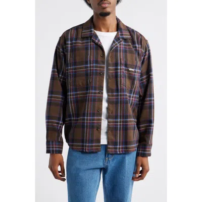 Obey Bradley Plaid Long Sleeve Flannel Camp Shirt In Brown