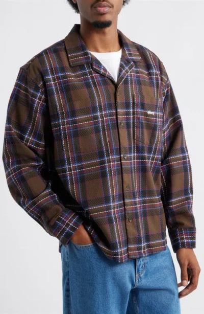 Obey Bradley Plaid Long Sleeve Flannel Camp Shirt In Brown