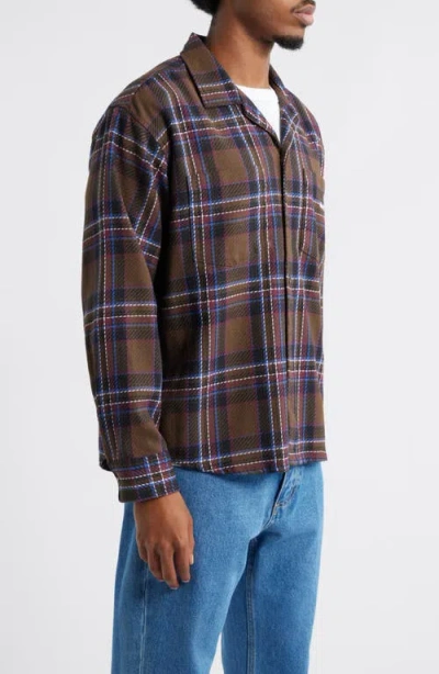 Obey Bradley Plaid Long Sleeve Flannel Camp Shirt In Brown