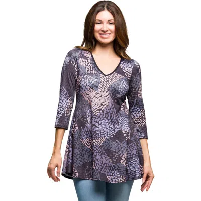 24seven Comfort Apparel Women's Gray Abstract Print V Neck Three Quarter Sleeve Tunic Top In Purple