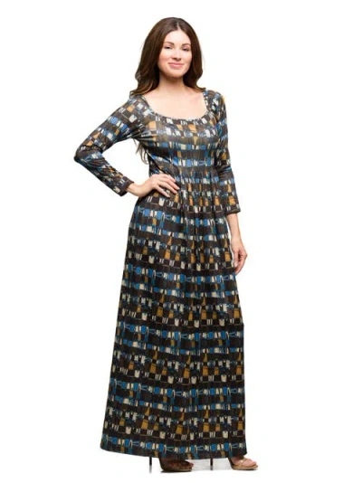 24seven Comfort Apparel Women's Brown Geometric Print Long Sleeve Dress In Blue