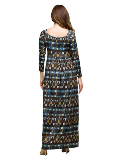 24seven Comfort Apparel Women's Brown Geometric Print Long Sleeve Dress In Blue