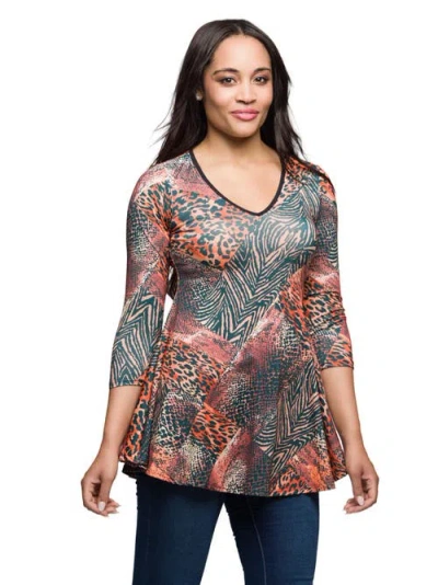 24seven Comfort Apparel Women's Animal Print V Neck Three Quarter Sleeve Tunic Top In Neutral