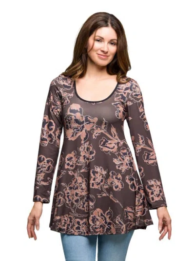 24seven Comfort Apparel Women's Brown Floral Print Long Sleeve Tunic Top In Gray