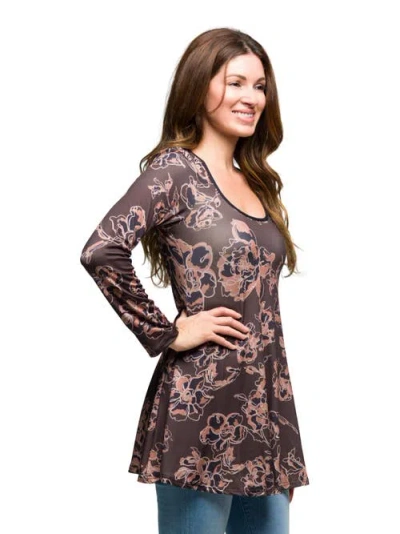 24seven Comfort Apparel Women's Brown Floral Print Long Sleeve Tunic Top In Gray