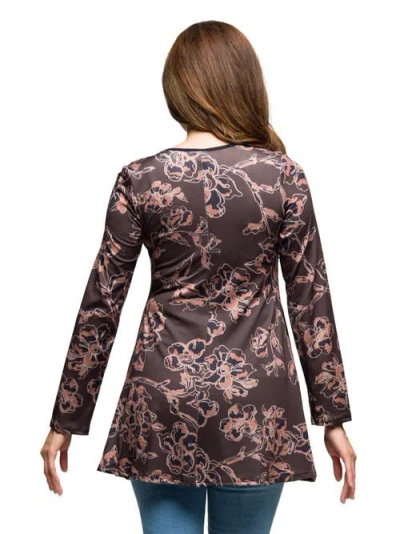 24seven Comfort Apparel Women's Brown Floral Print Long Sleeve Tunic Top In Gray