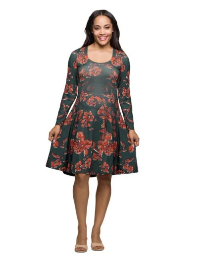 24seven Comfort Apparel Women's Long Sleeve Fit And Flare Dress In Multi