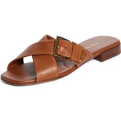 Prada Leather Crisscross Slides With Buckle Shoes In Brown