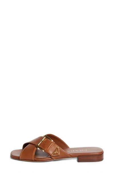 Prada Leather Crisscross Slides With Buckle Shoes In Brown