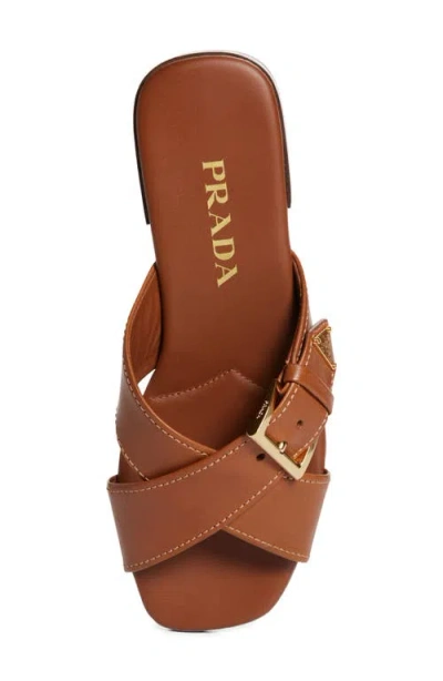 Prada Leather Crisscross Slides With Buckle Shoes In Brown