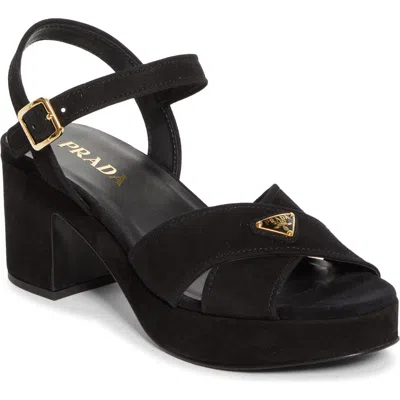 Prada Suede Triangle Logo Platform Sandals In Black