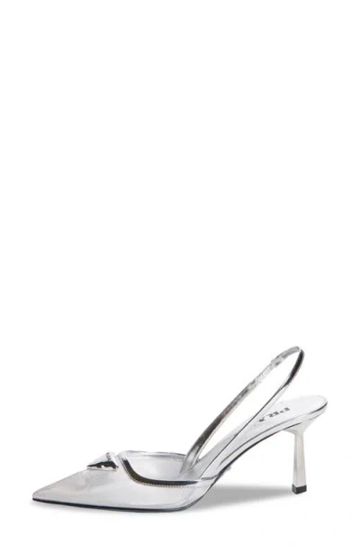 Prada Modellerie Pointed Toe Metallic Mesh Slingback Pump In Silver