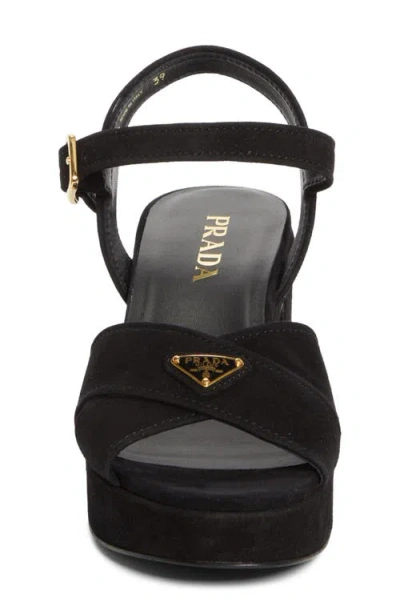 Prada Suede Triangle Logo Platform Sandals In Black