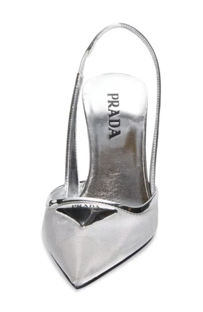 Prada Modellerie Pointed Toe Metallic Mesh Slingback Pump In Silver