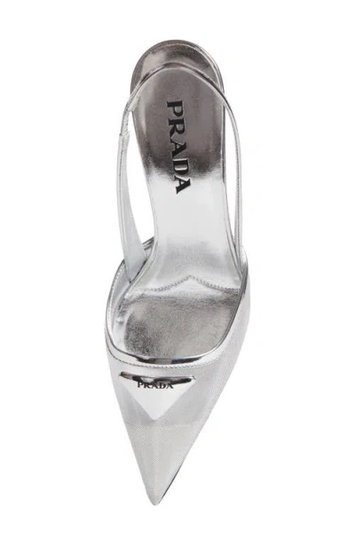 Prada Modellerie Pointed Toe Metallic Mesh Slingback Pump In Silver