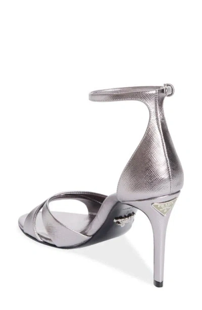 Prada 95mm Vernice Saffiano Metallic Leather Ankle-strap Sandals In Gray